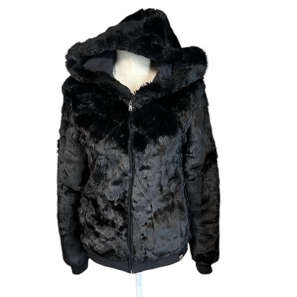Rare Victorias Secret Pink Ltd Edition Zip Up Hooded Jacket Faux Fur Black XS